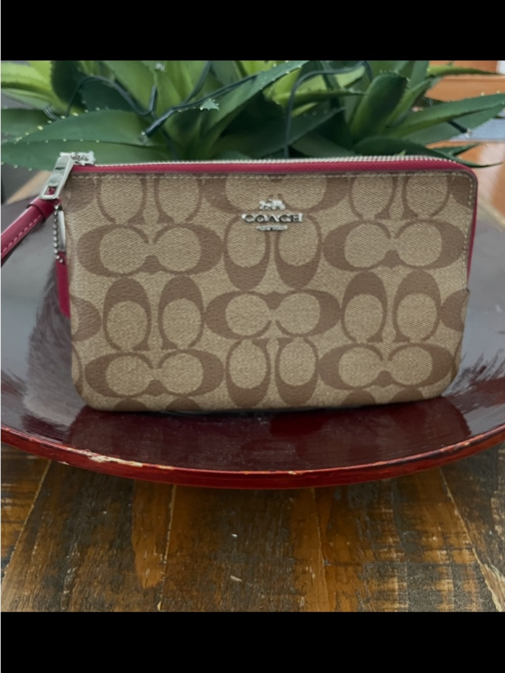 Coach Brown Signature Canvas Wristlet with Pink Trim